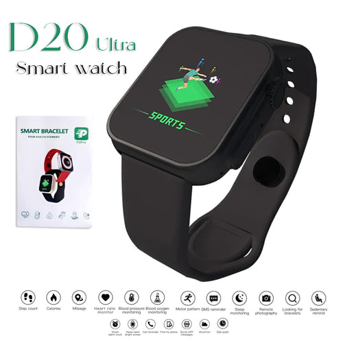 Black smart watch with digital display and packaging on a white background