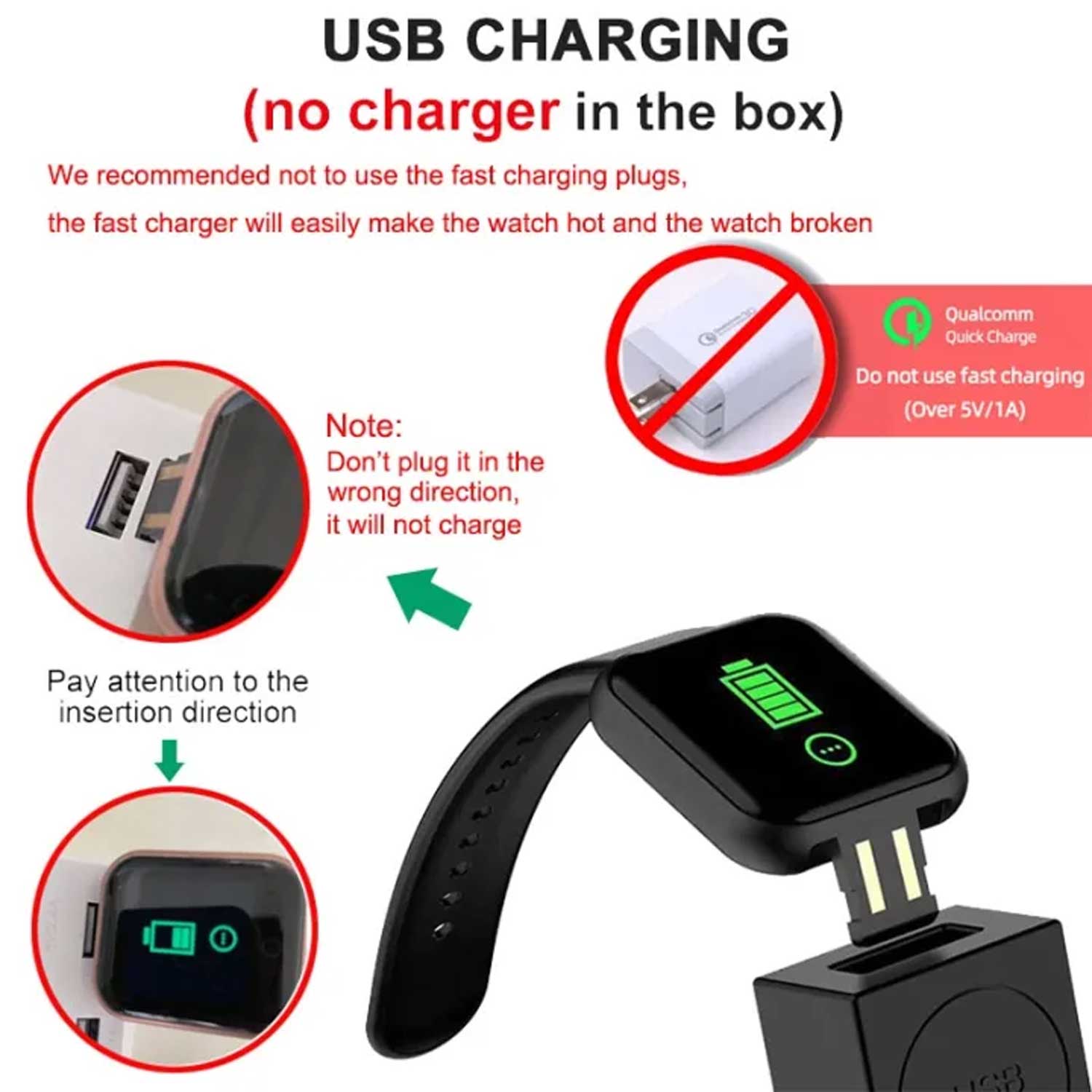 Smartwatch with USB charging cable and charging instructions on a white background