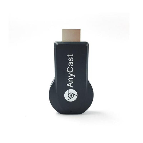 A black AnyCast HDMI adapter dongle with a gold-toned HDMI plug, featuring the white AnyCast brand name and logo on its front face, set against a plain white background.