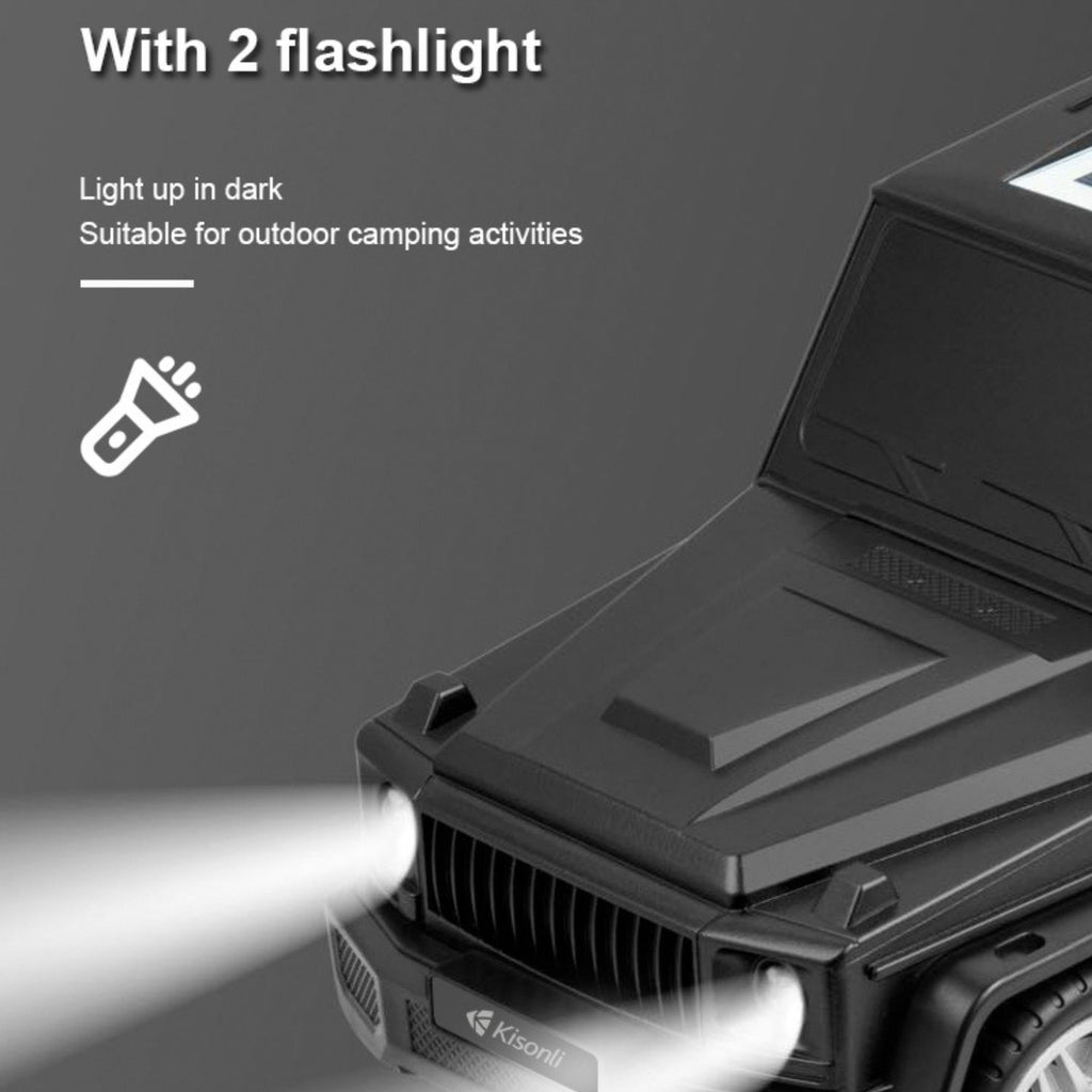 Car with a flashlight attached, suitable for outdoor camping activities.