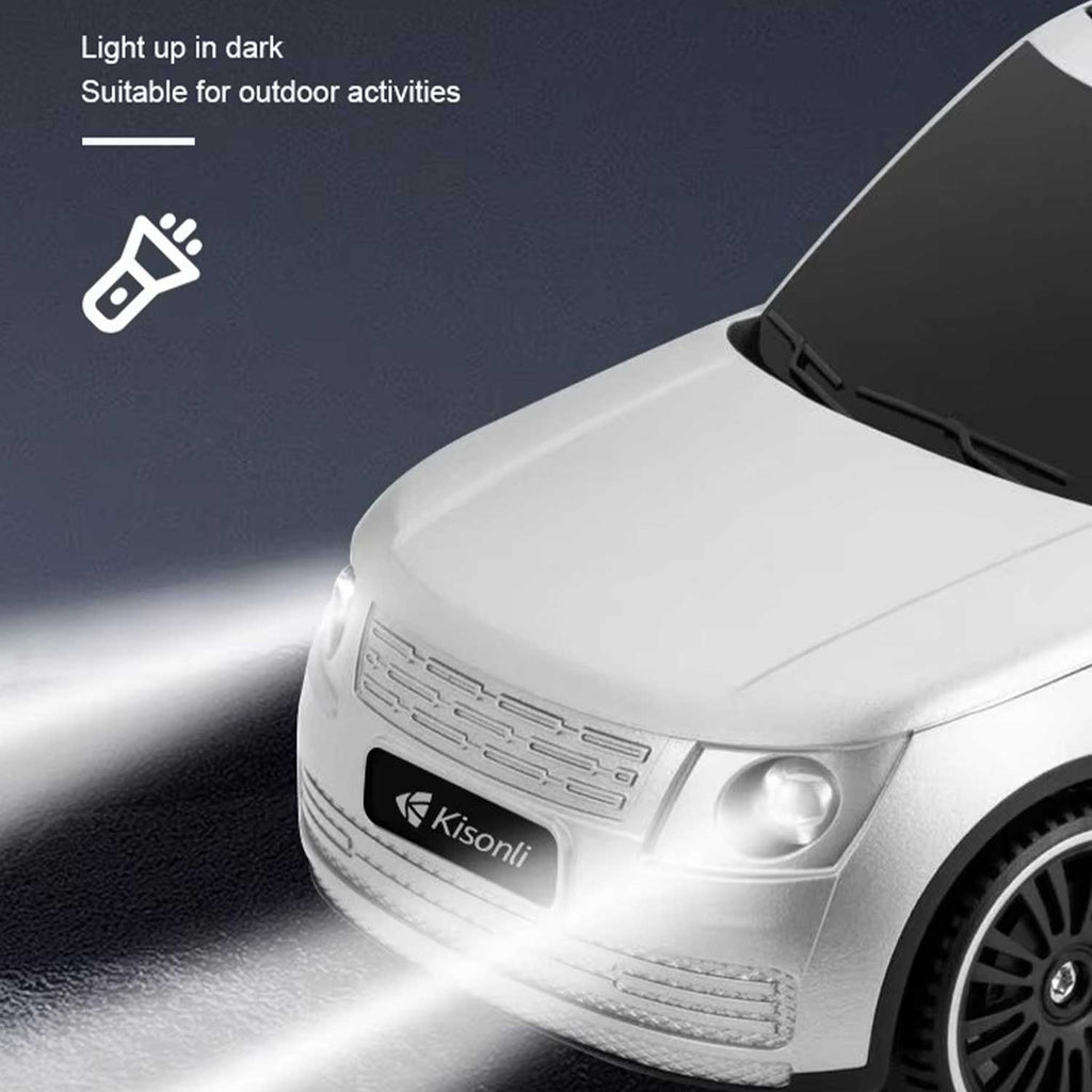 White car with Kisonli logo on a dark background, highlighting the vehicle's features.
