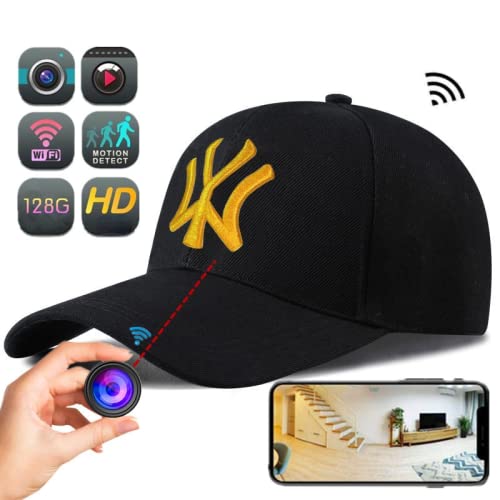Black HD WiFi spy camera cap worn outdoors showing live video stream on a smartphone screen
