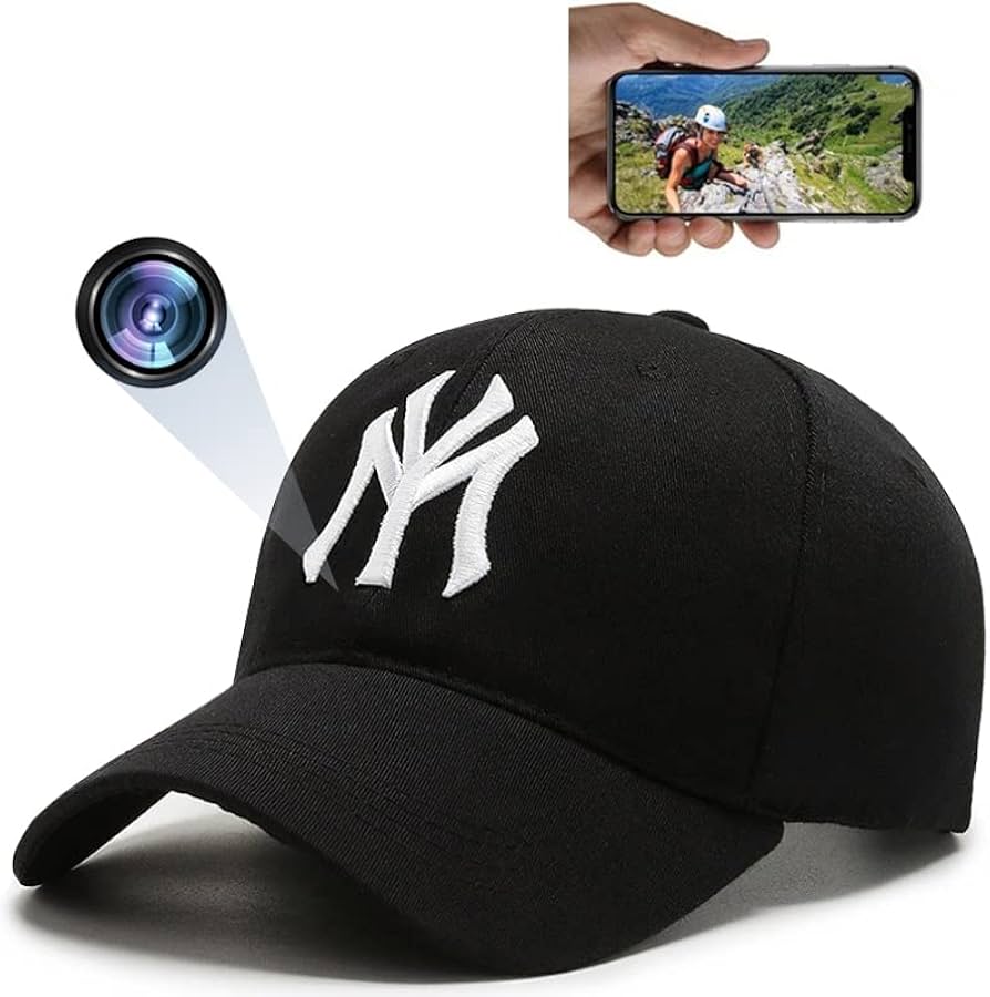 Black HD WiFi spy camera cap worn outdoors showing live video stream on a smartphone screen