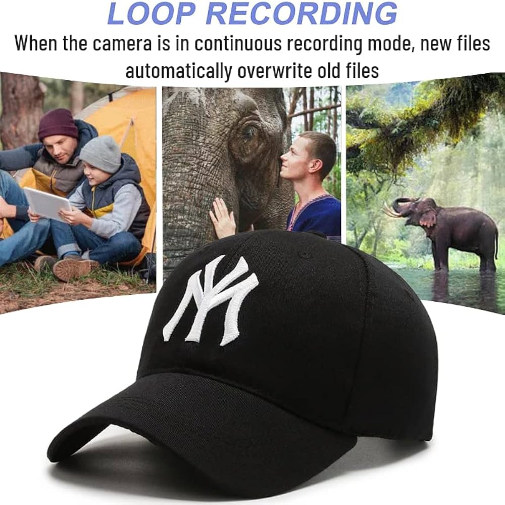 Black HD WiFi spy camera cap worn outdoors showing live video stream on a smartphone screen