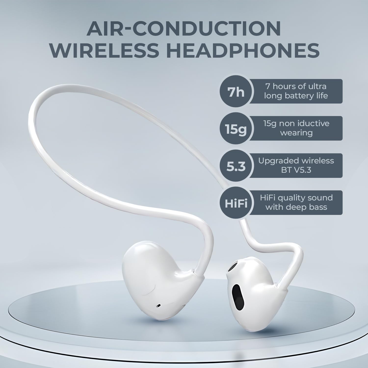 Air-conduction wireless headphones with feature text on a light gray background