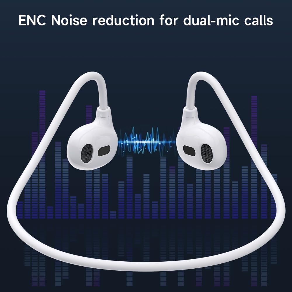White earbuds with dual-mic system on a dark background with sound wave and equalizer graphic.