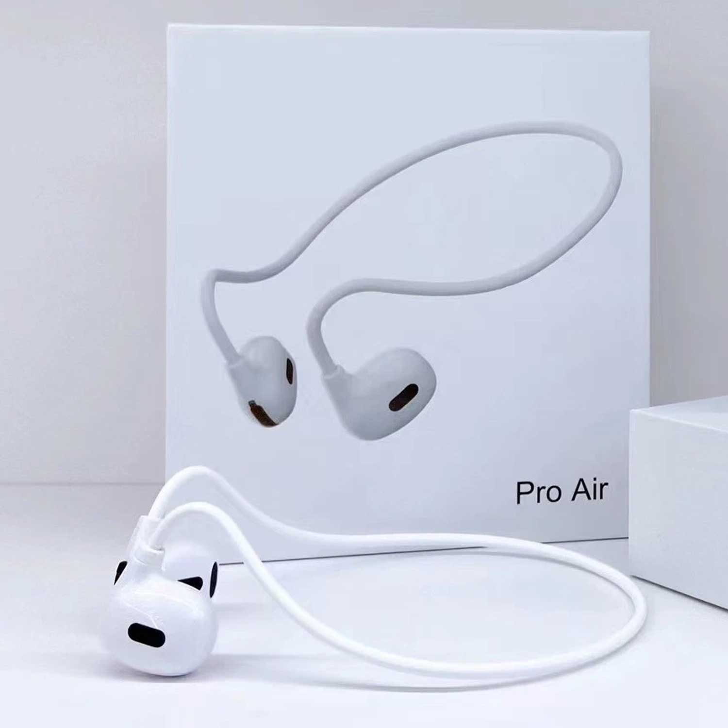 White earphones with a 'Pro Air' box on a light gray background