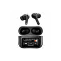 Black wireless earbuds with charging case on a white background
