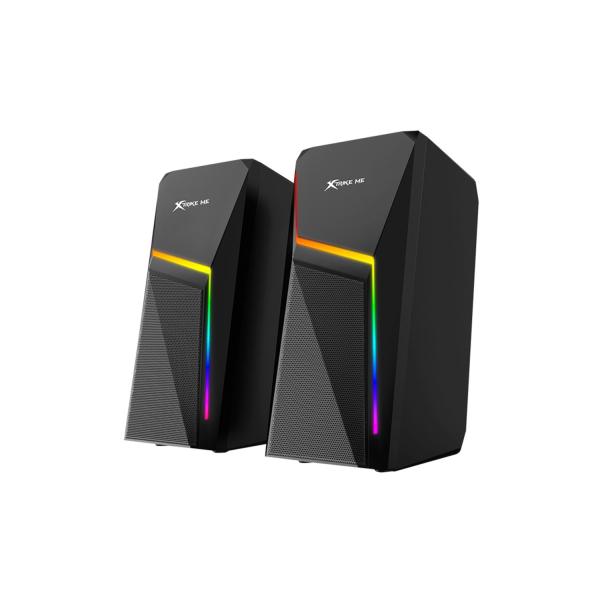 Black computer speakers with RGB lighting on a white background