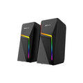 Black computer speakers with RGB lighting on a white background