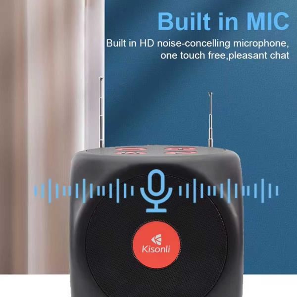 Black speaker with Kisonli logo and text about built-in HD noise-concealing microphone on a blue background