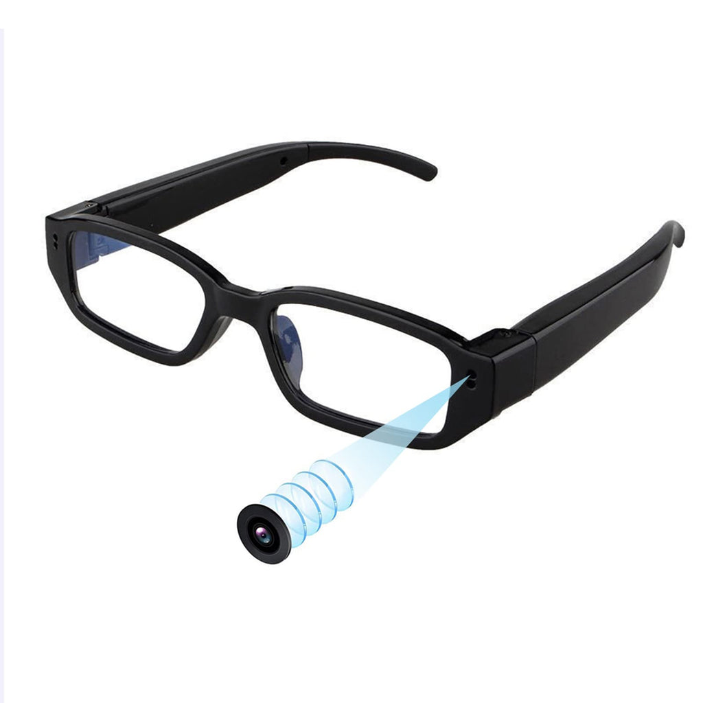 Front view of full hd 1080p spy glasses hidden camera in matte black frame
Side temple arm of spy camera glasses showing hidden single touch control button
Close up shot of the invisible micro pinhole lens on camera glasses
Full hd 1080p spy camera glasses shown with protective carrying case and usb cable
Person wearing full hd spy glasses capturing point of view video hands free