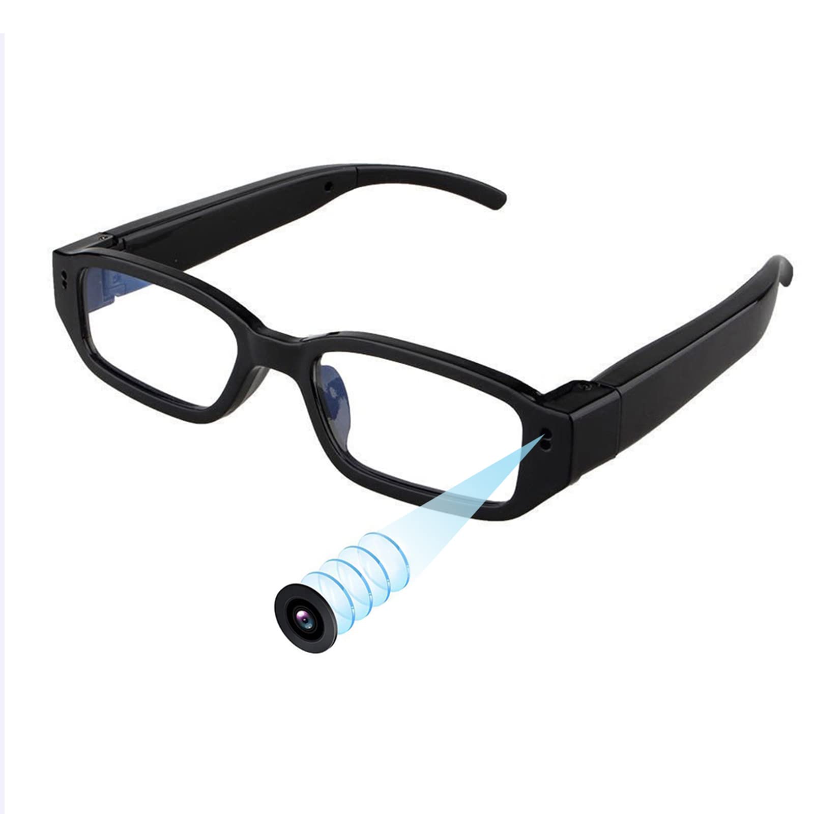 Front view of full hd 1080p spy glasses hidden camera in matte black frame
Side temple arm of spy camera glasses showing hidden single touch control button
Close up shot of the invisible micro pinhole lens on camera glasses
Full hd 1080p spy camera glasses shown with protective carrying case and usb cable
Person wearing full hd spy glasses capturing point of view video hands free