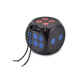 Black dice-shaped Bluetooth speaker with blue buttons on a white background