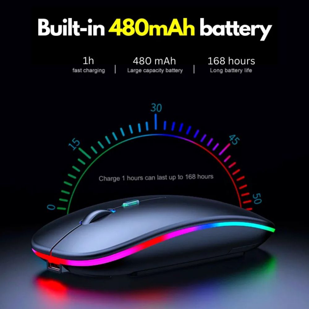 Wireless mouse with colorful LED lights and battery information on a dark background