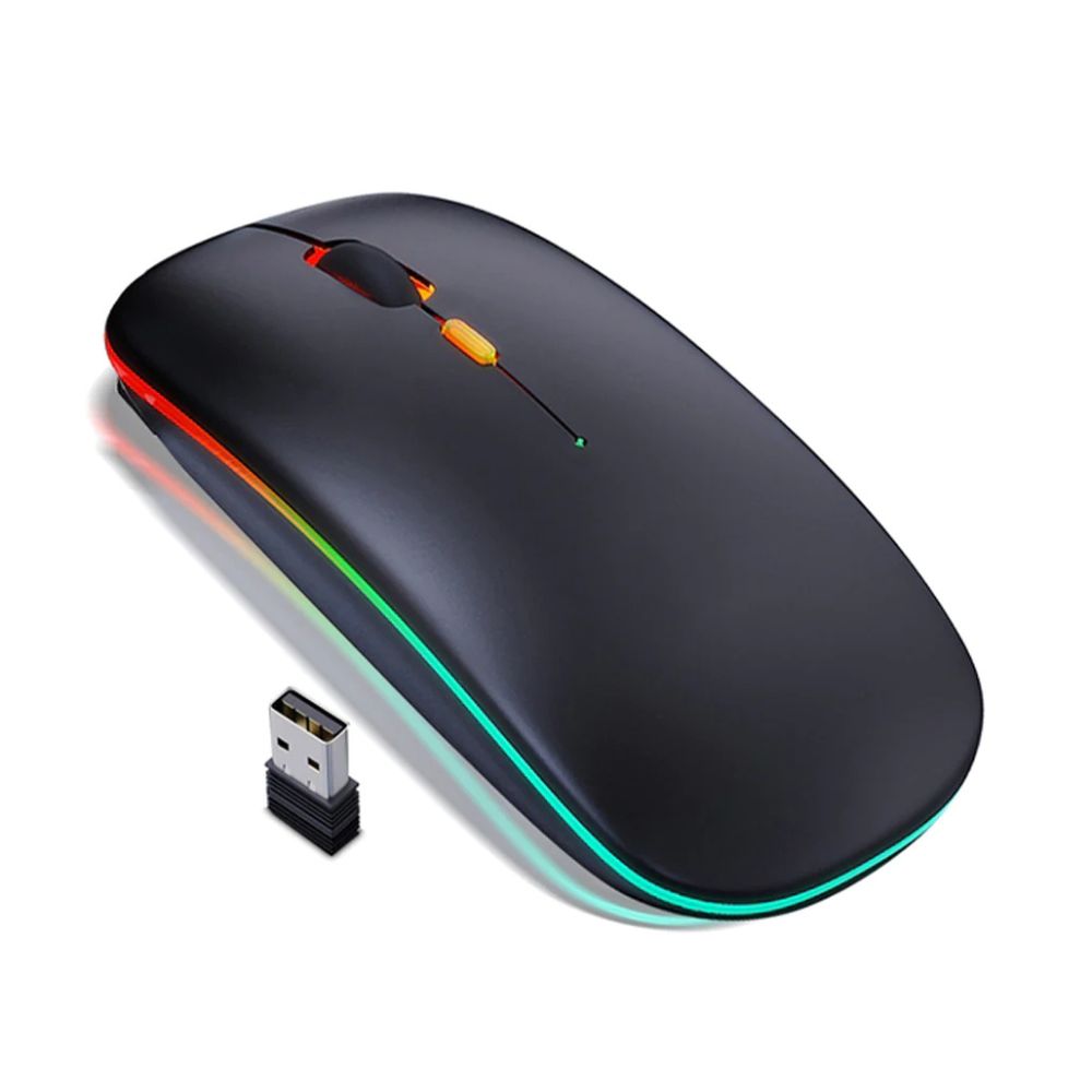 Black wireless mouse with RGB lighting on a white background