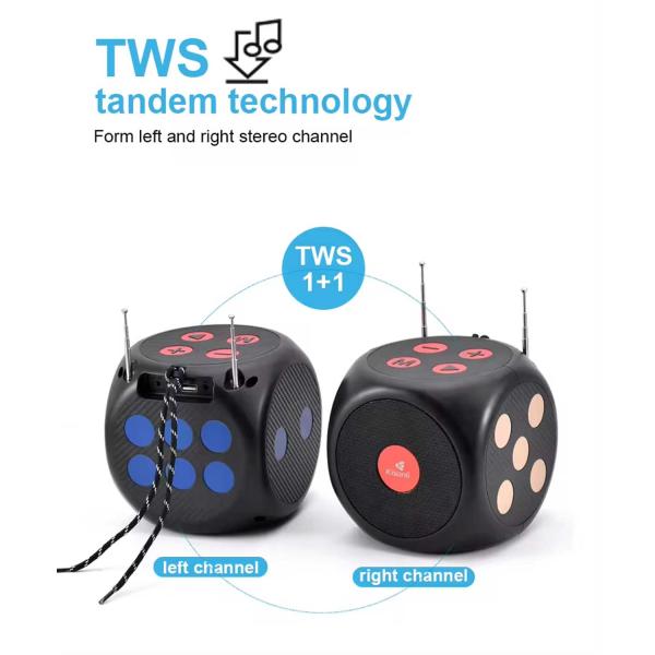 Two black dice-shaped devices labeled 'left channel' and 'right channel' with TWS tandem technology text above.