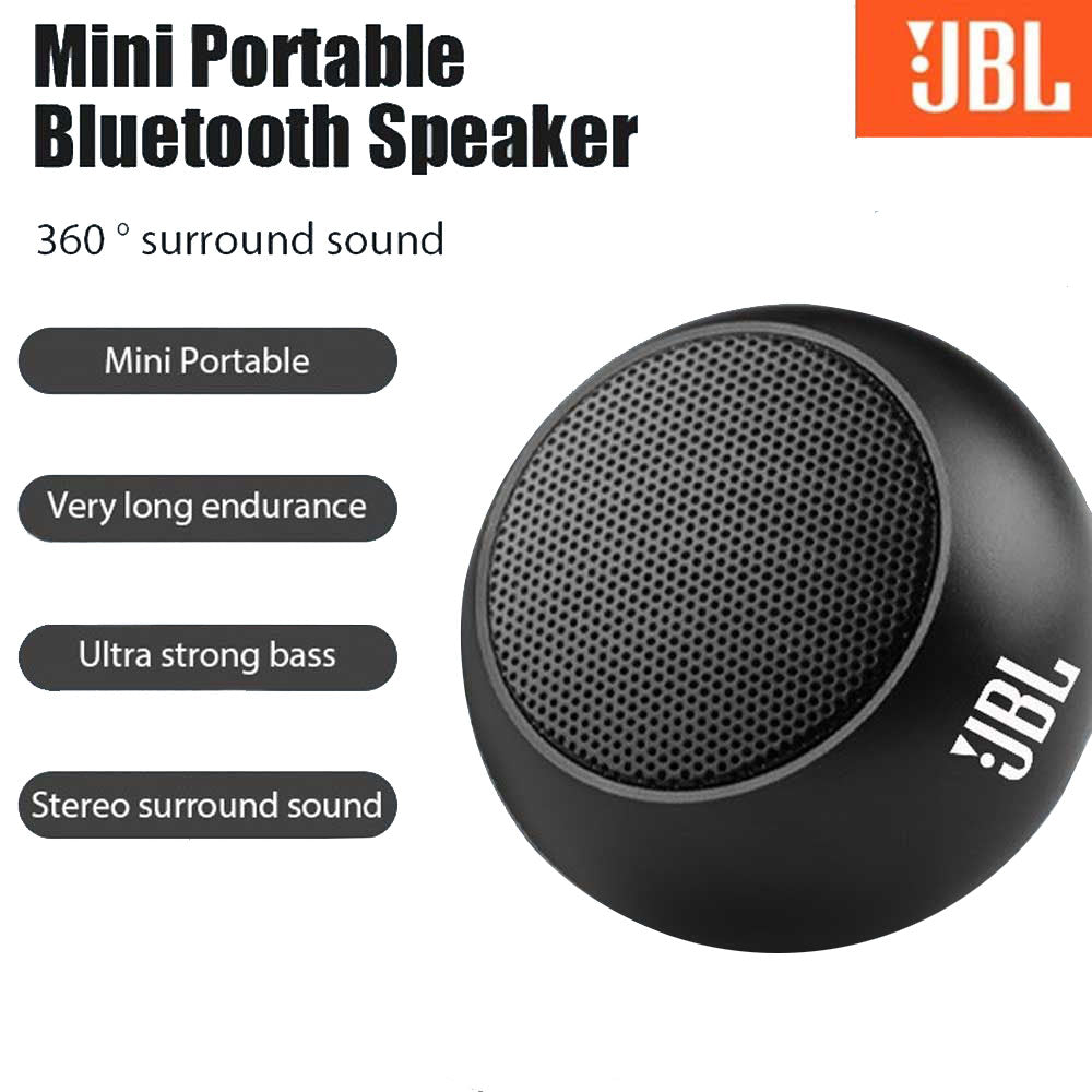 JBL M3 Mini portable speaker connected via Bluetooth to a smartphone playing music on a wooden desk