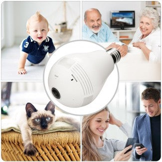 White 360 degree LED bulb CCTV camera screwed into a ceiling fixture displaying panoramic smartphone live view