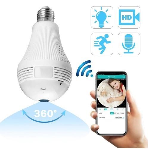 White 360 degree LED bulb CCTV camera screwed into a ceiling fixture displaying panoramic smartphone live view
