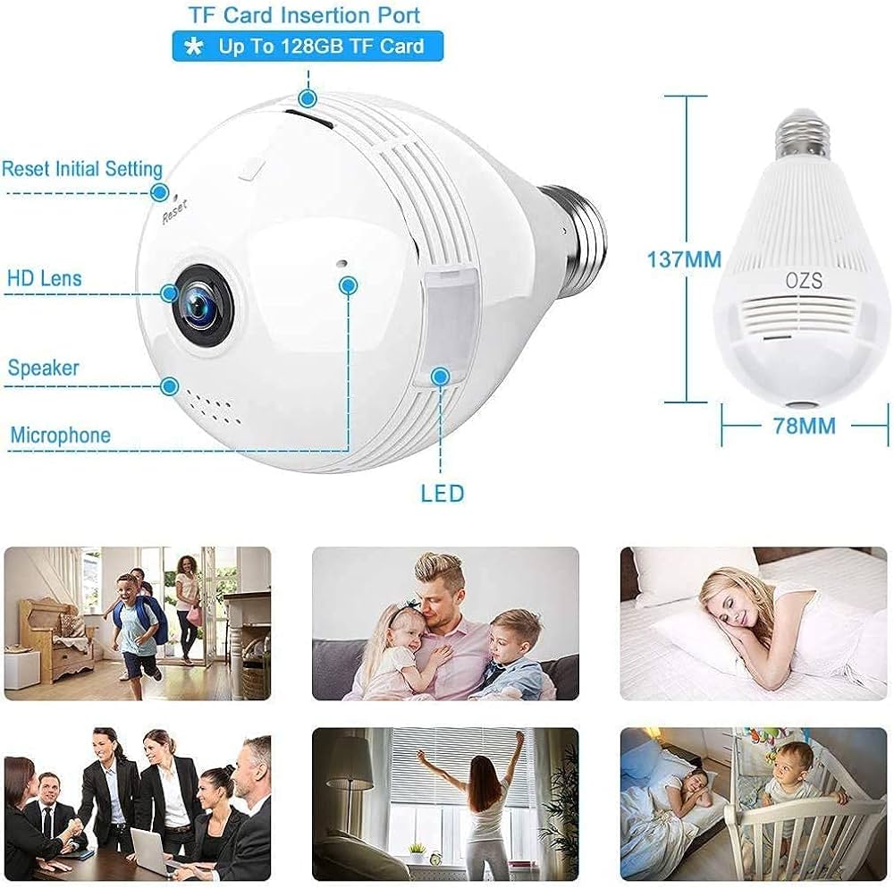 White 360 degree LED bulb CCTV camera screwed into a ceiling fixture displaying panoramic smartphone live view