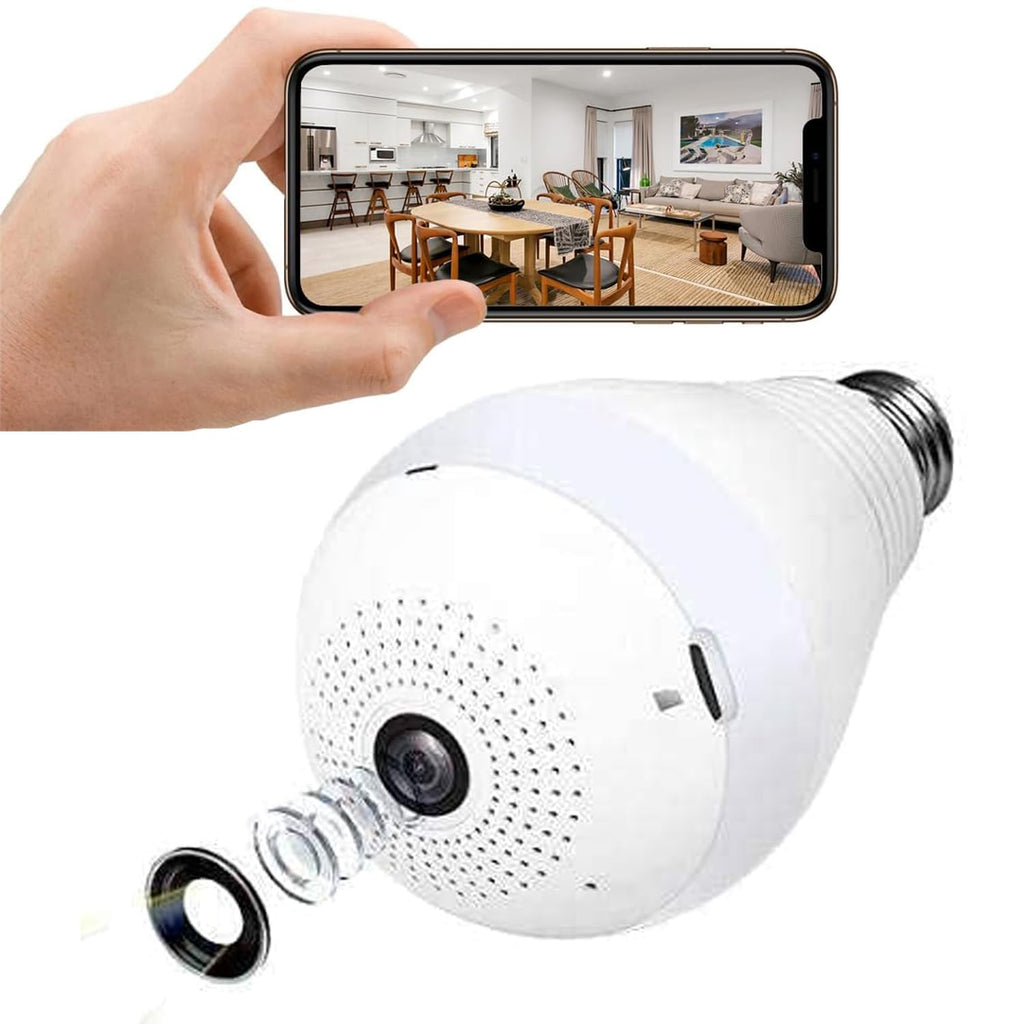 White 360 degree LED bulb CCTV camera screwed into a ceiling fixture displaying panoramic smartphone live view