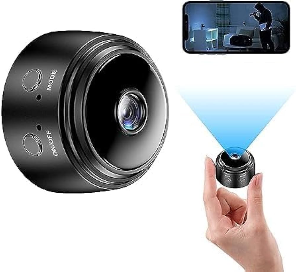 Mini WiFi smart wireless camcorder 1080P mounted on a magnetic stand displaying live smartphone monitoring