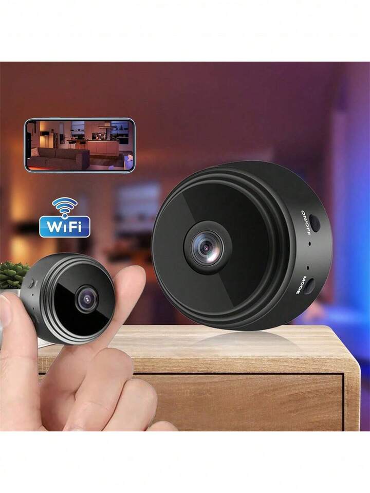 Mini WiFi smart wireless camcorder 1080P mounted on a magnetic stand displaying live smartphone monitoring