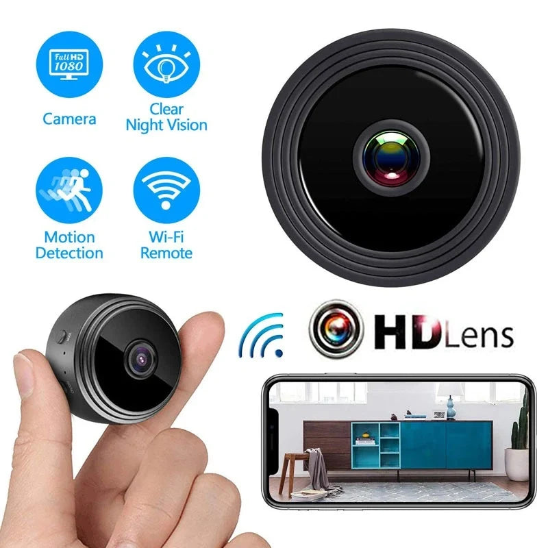 Mini WiFi smart wireless camcorder 1080P mounted on a magnetic stand displaying live smartphone monitoring