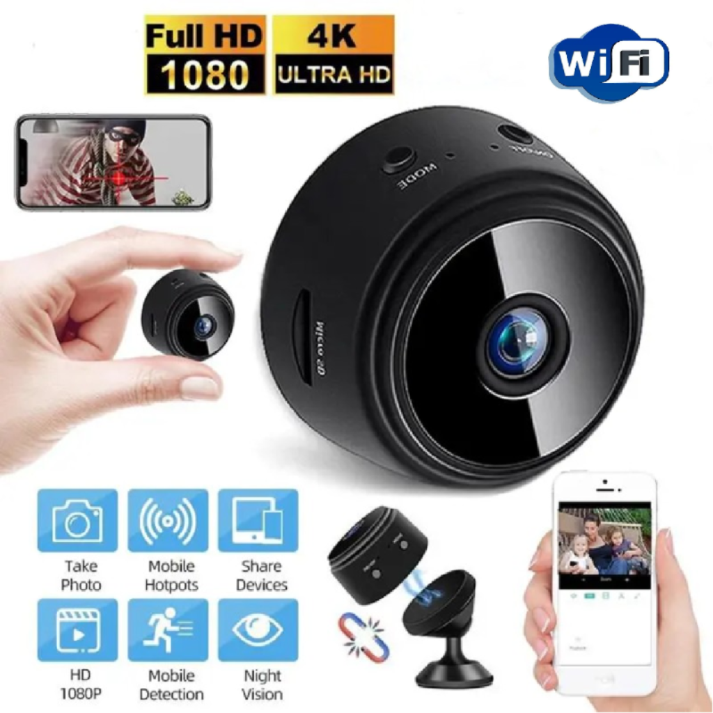 Mini WiFi smart wireless camcorder 1080P mounted on a magnetic stand displaying live smartphone monitoring