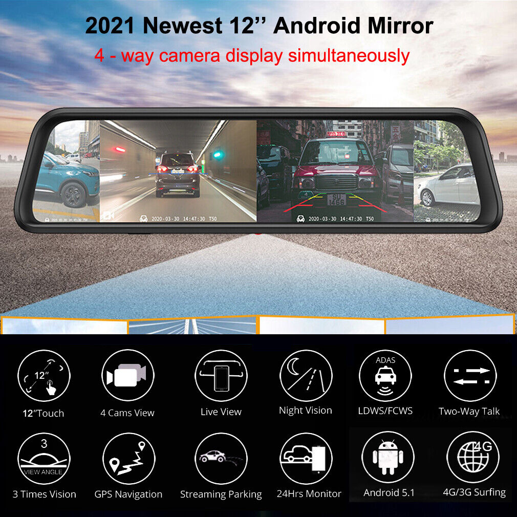 Car mirror with 12-inch display showing multiple camera views on a road.