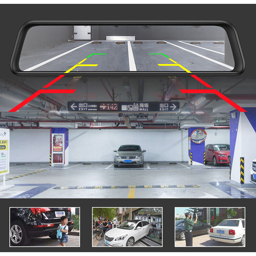 Car parking assistance system with rearview mirror displaying parking lines and car in underground parking garage.