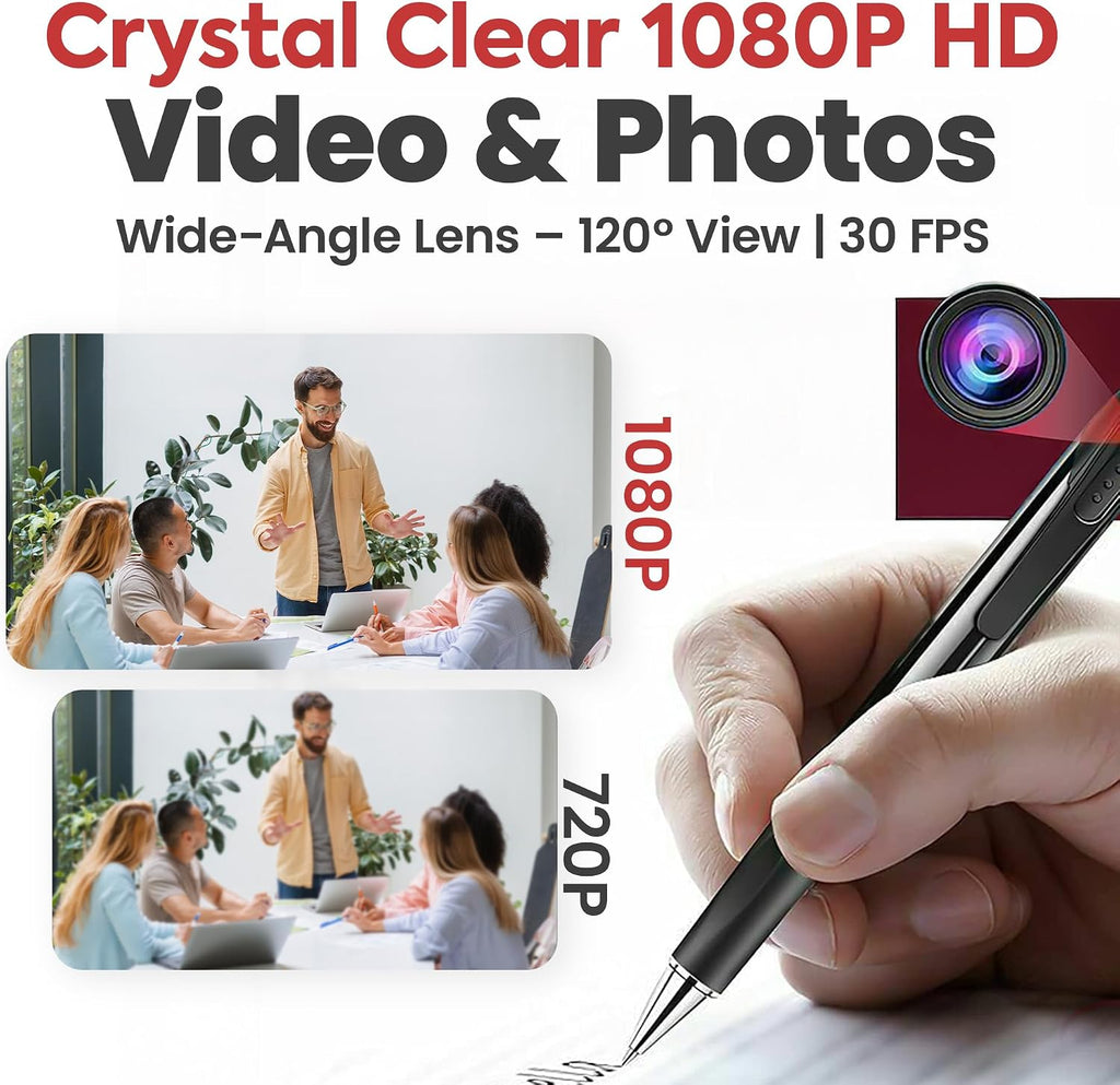 High definition 1080P video pen camera clipped onto a shirt pocket for covert recording