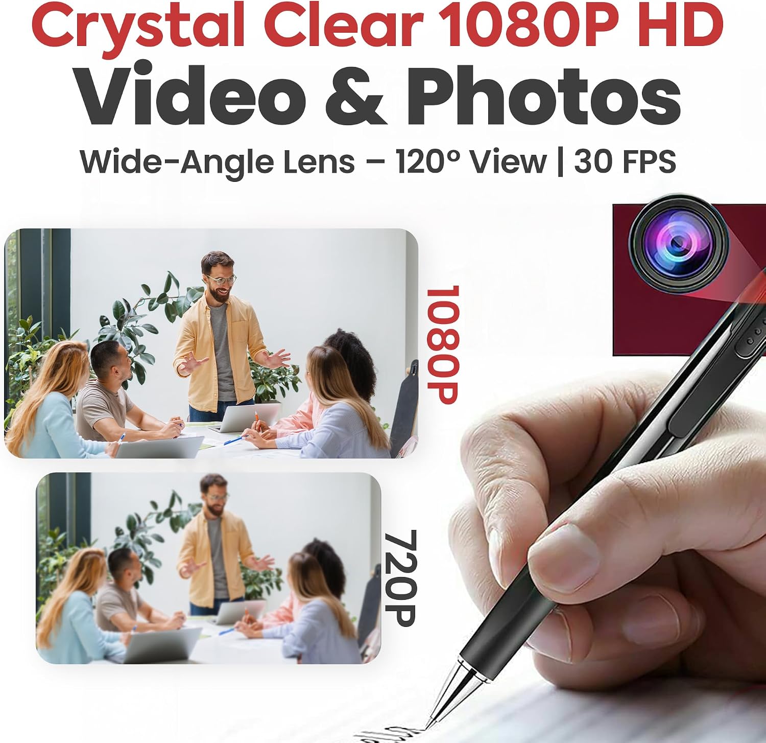 High definition 1080P video pen camera clipped onto a shirt pocket for covert recording