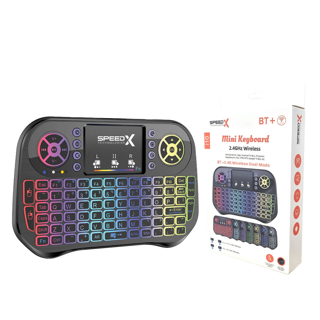 Speedx I10 mini keyboard illuminated in vibrant 7 color LED backlighting in low light  