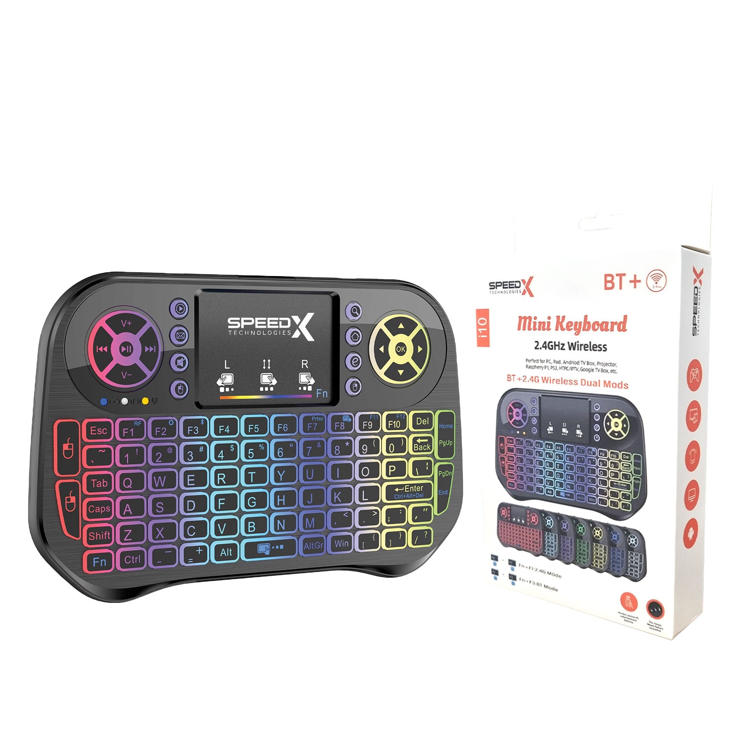 Speedx I10 mini keyboard illuminated in vibrant 7 color LED backlighting in low light  
