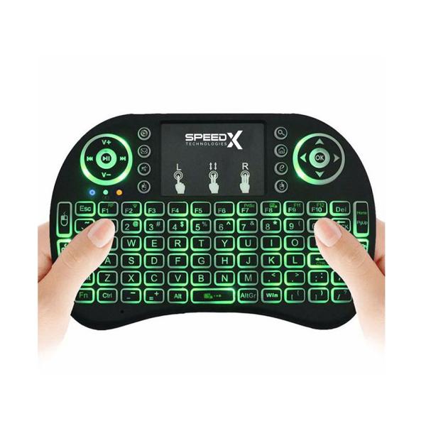 Front view of Speedx RF 500 mini wireless backlit keyboard with QWERTY keys and touchpad  