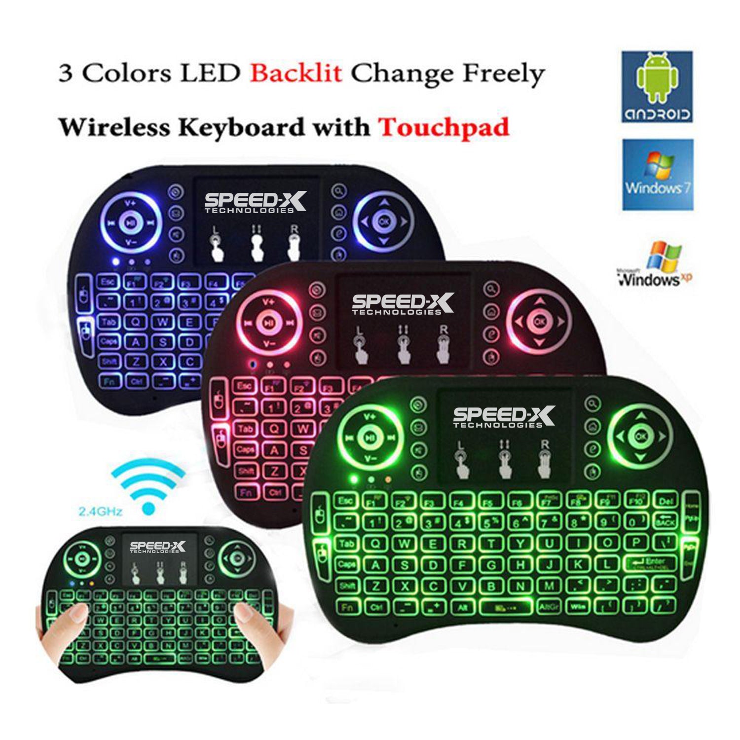 Front view of Speedx RF 500 mini wireless backlit keyboard with QWERTY keys and touchpad  