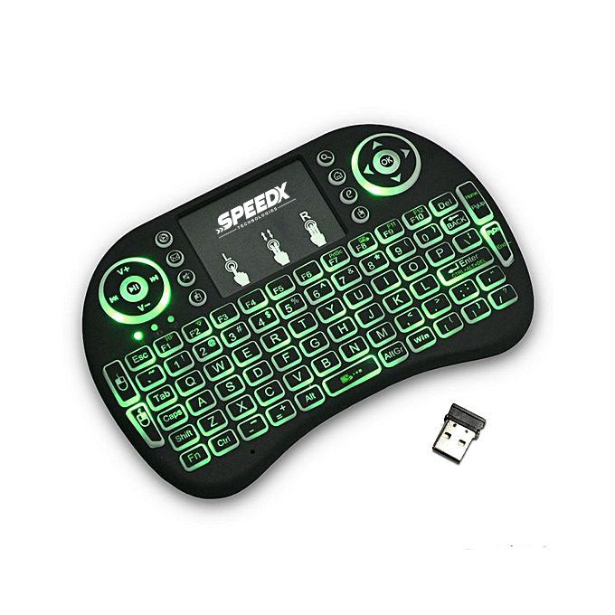 Front view of Speedx RF 500 mini wireless backlit keyboard with QWERTY keys and touchpad  