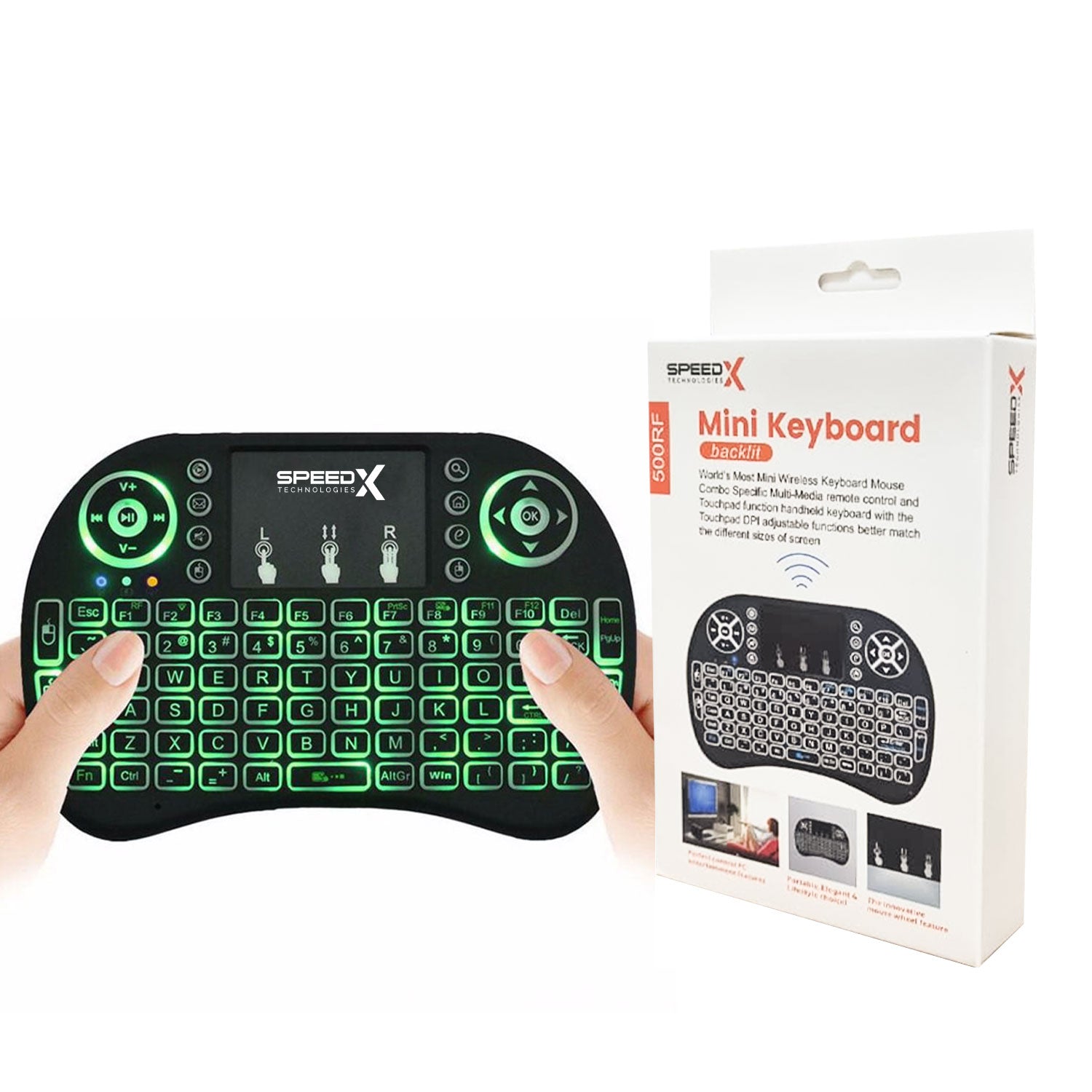 Front view of Speedx RF 500 mini wireless backlit keyboard with QWERTY keys and touchpad  