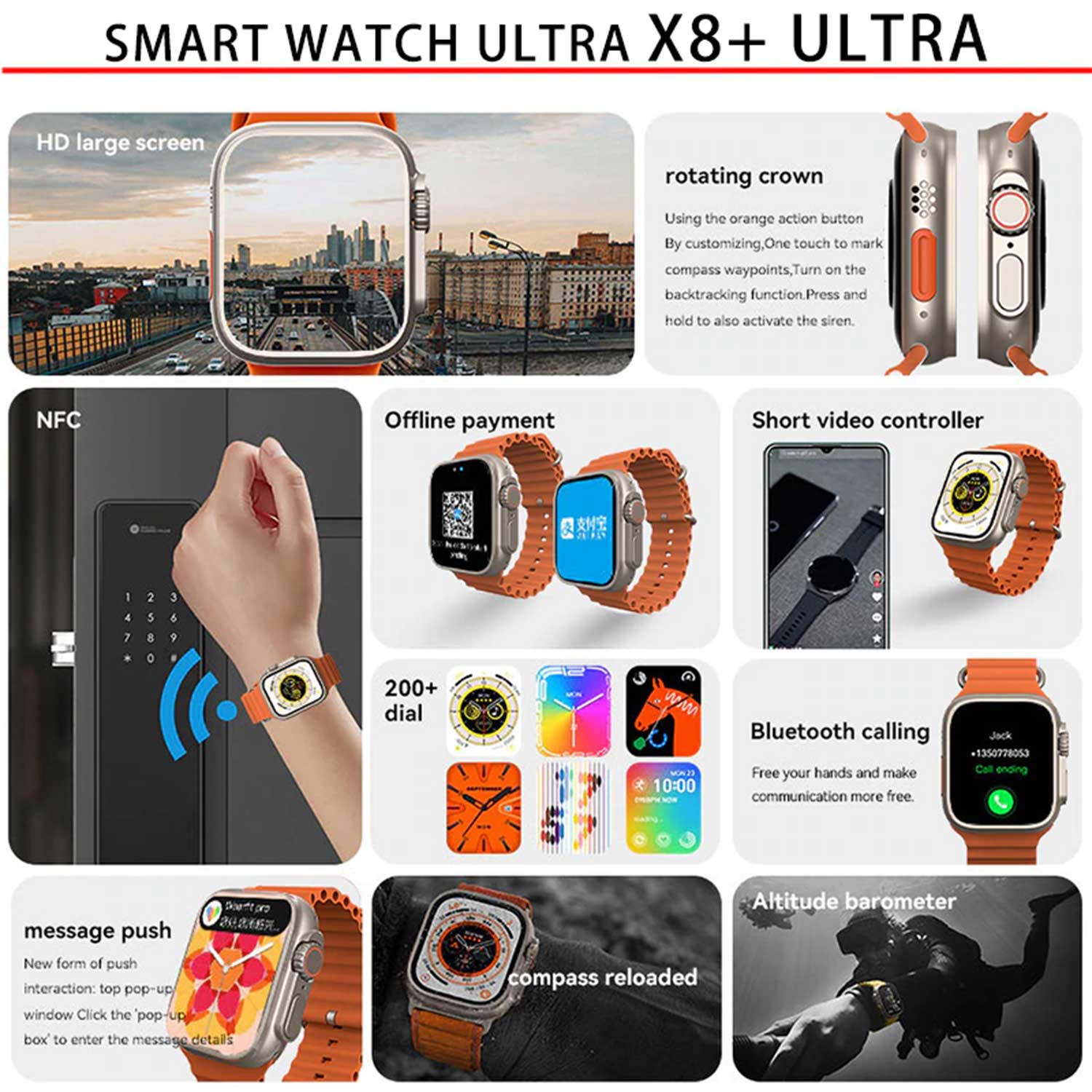 Smart watch Ultra X8+ Ultra with various features highlighted on a collage.