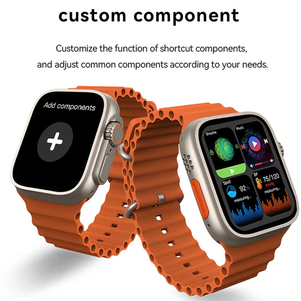 Two smartwatches with silver aluminum cases and bright orange perforated silicone bands, shown on a white background with the text 'custom component' and descriptive copy above.