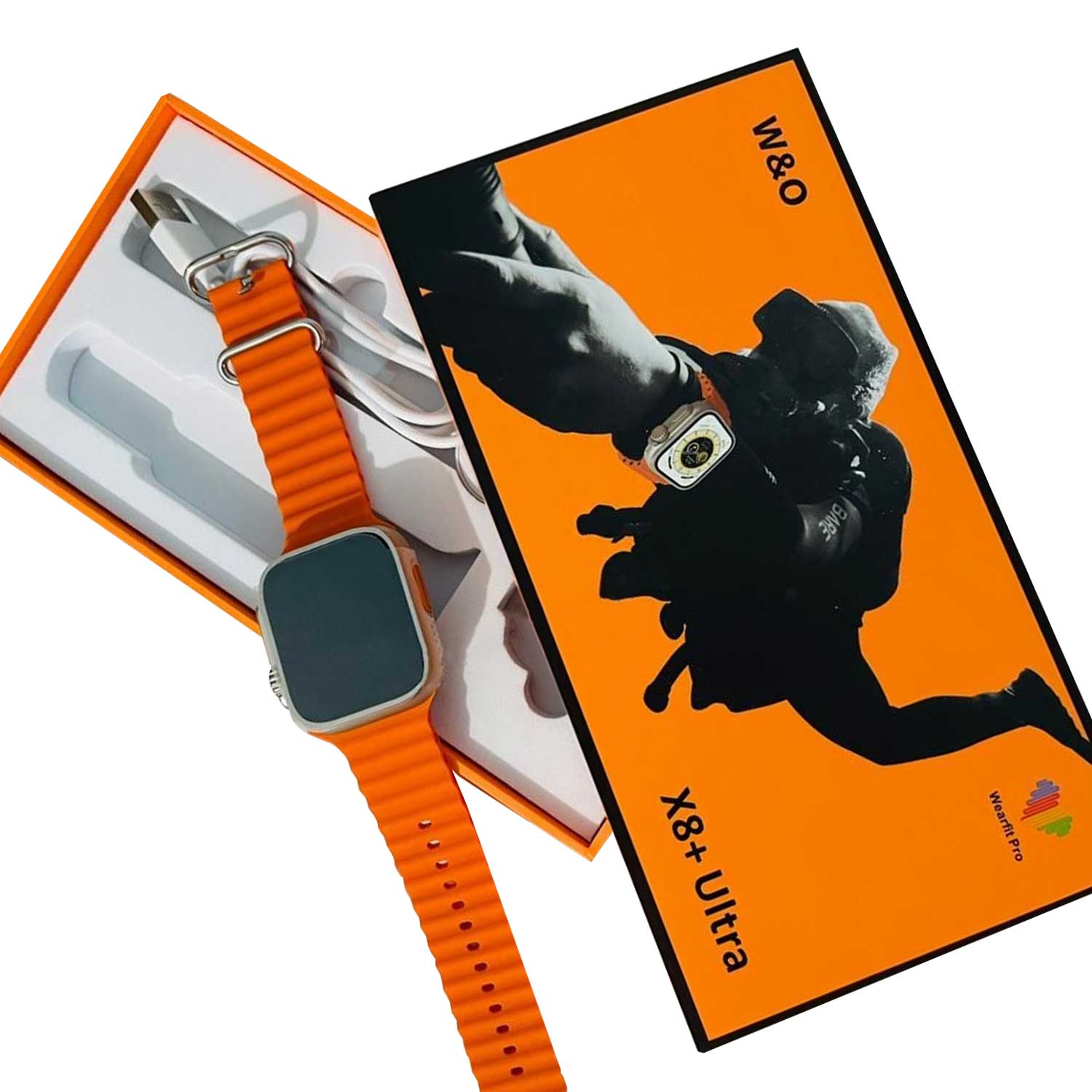 Smartwatch with orange band and packaging on a white background
